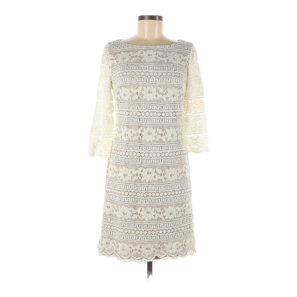 Eliza J Cream Lace Overlay 3/4 Sleeve Midi Shift Dress Size 6 - Picture 3 of 8